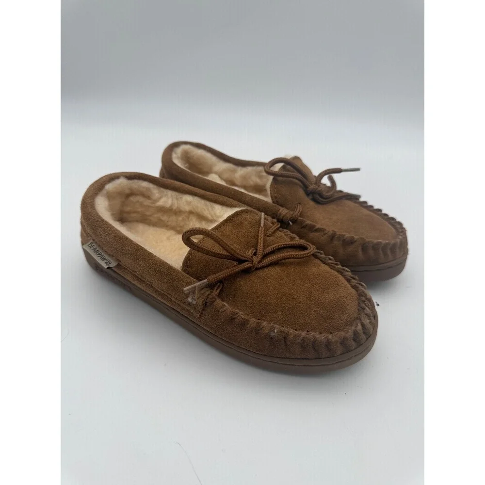 Bearpaw Kids Moccasin Slippers Hickory Brown Suede Wool Blend Size 3 Kids